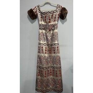 Iconic 1970s Oscar de La Renta Metallic Gold Silk Brocade Dress Gown Fur Cuff